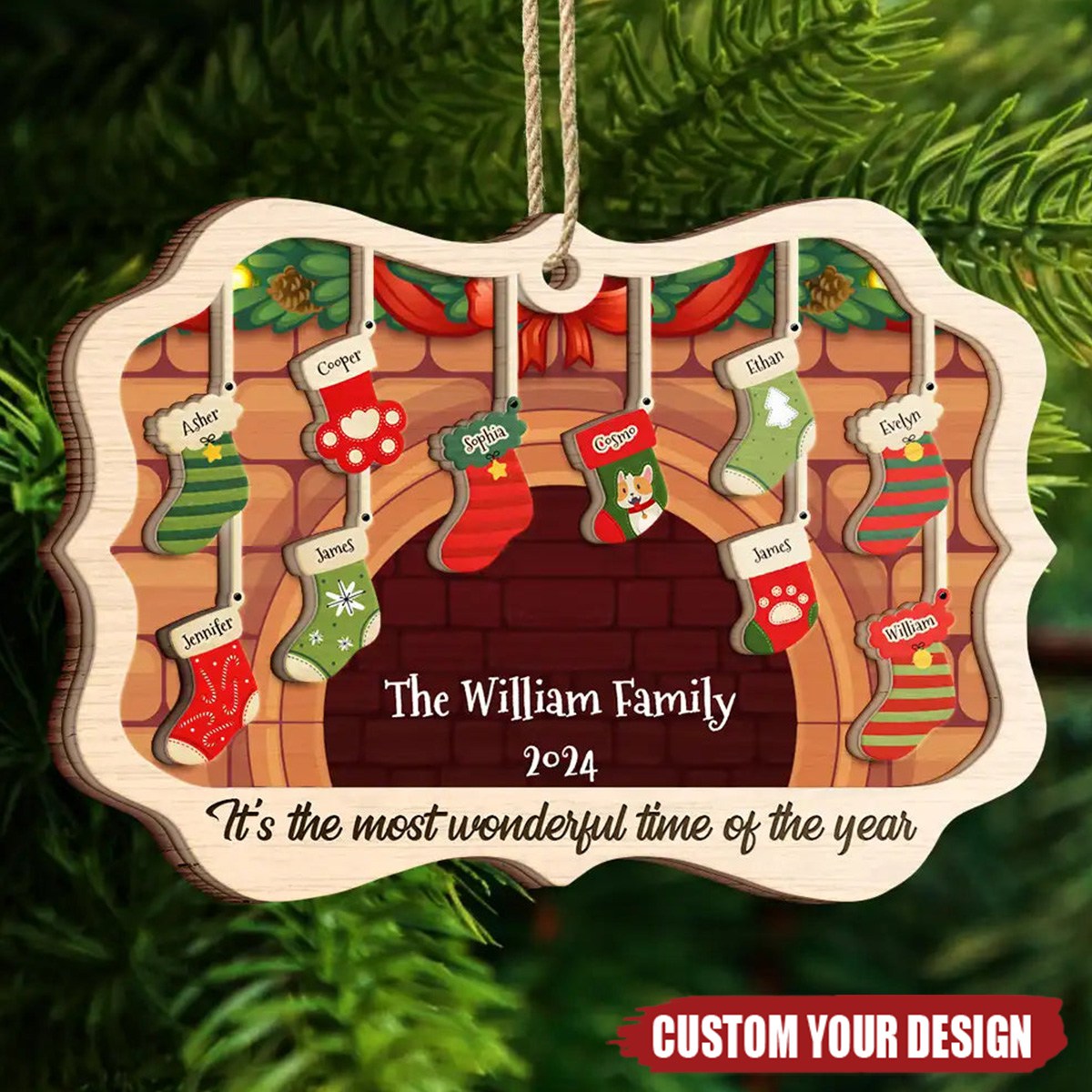 Stockings Hanging The Most Wonderful Time Of Year- Personalized Wooden Ornament