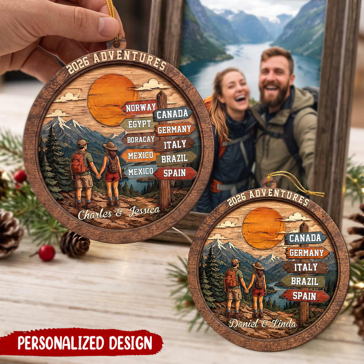 Custom Travel Adventure Ornament, Couple Traveling Destination Christmas Gifts
