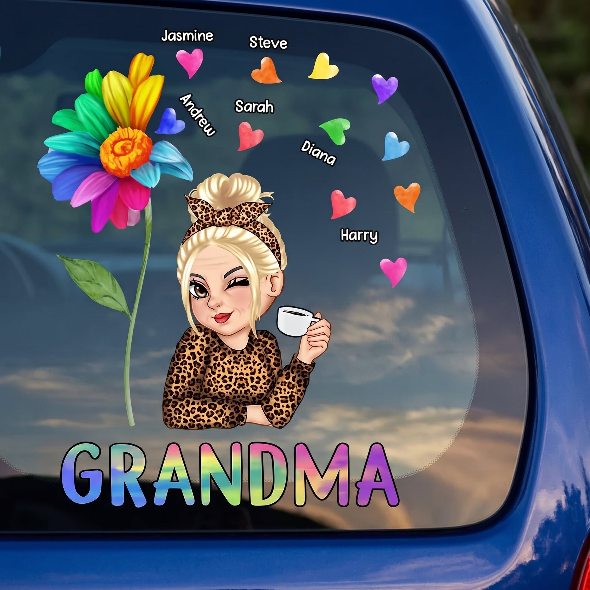 Colorful Sunflowers Personalized Car Decal - Custom Name Sticker Gift for Grandma