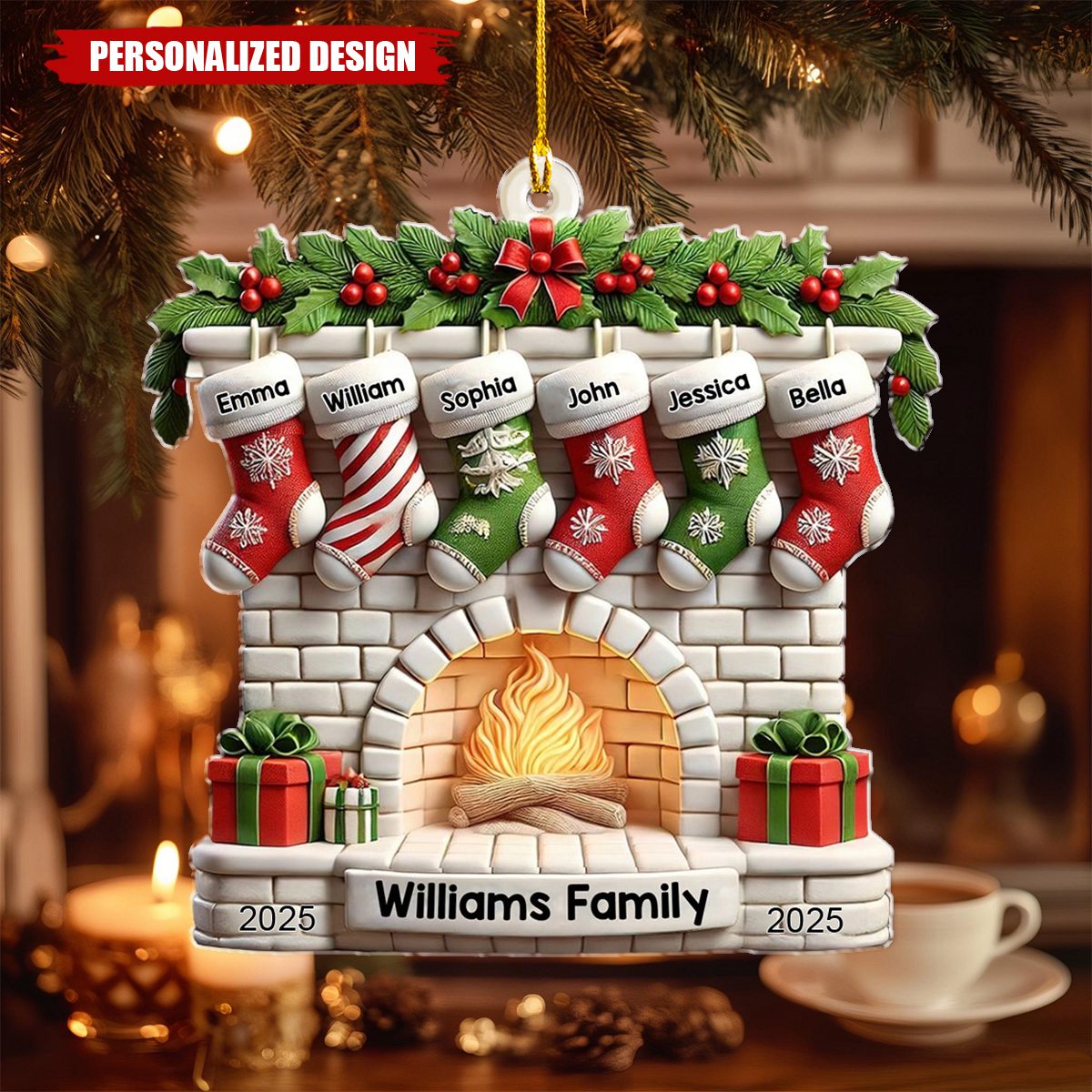 Stockings on Fireplace - Personalized Family Ornament