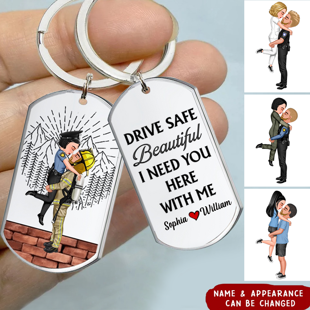 Personalized Couple Portrait, Firefighter, Nurse, Police Officer, Teacher, Gifts by Occupation Stainless Steel Keychain