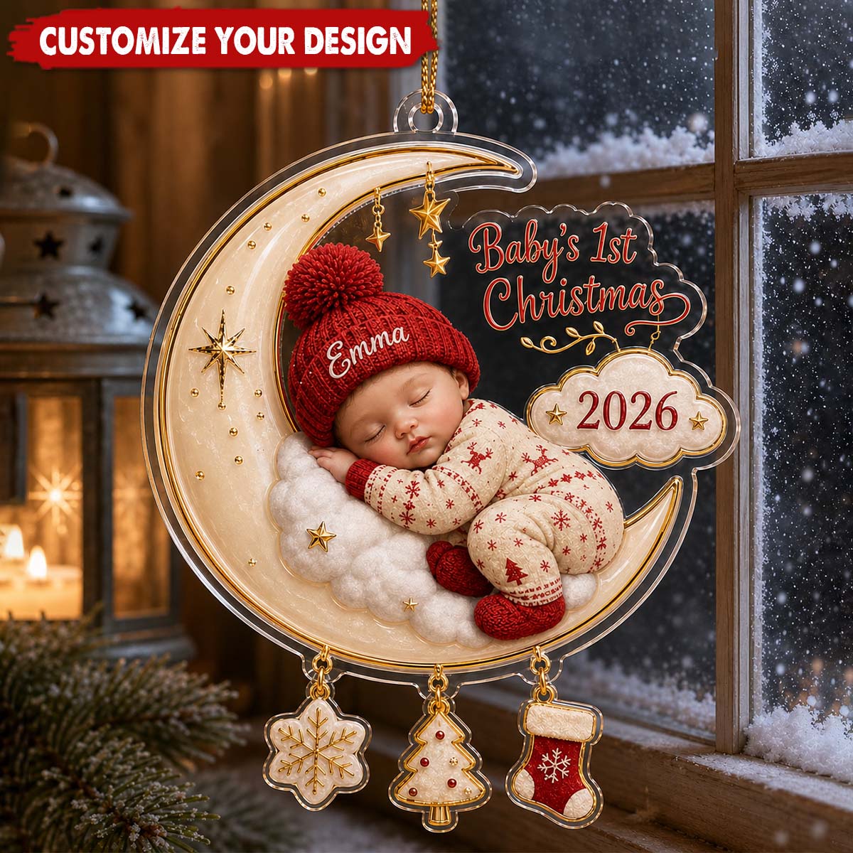 Personalized Baby’s First Christmas Moon Acrylic Ornament, Newborn Keepsake Gift