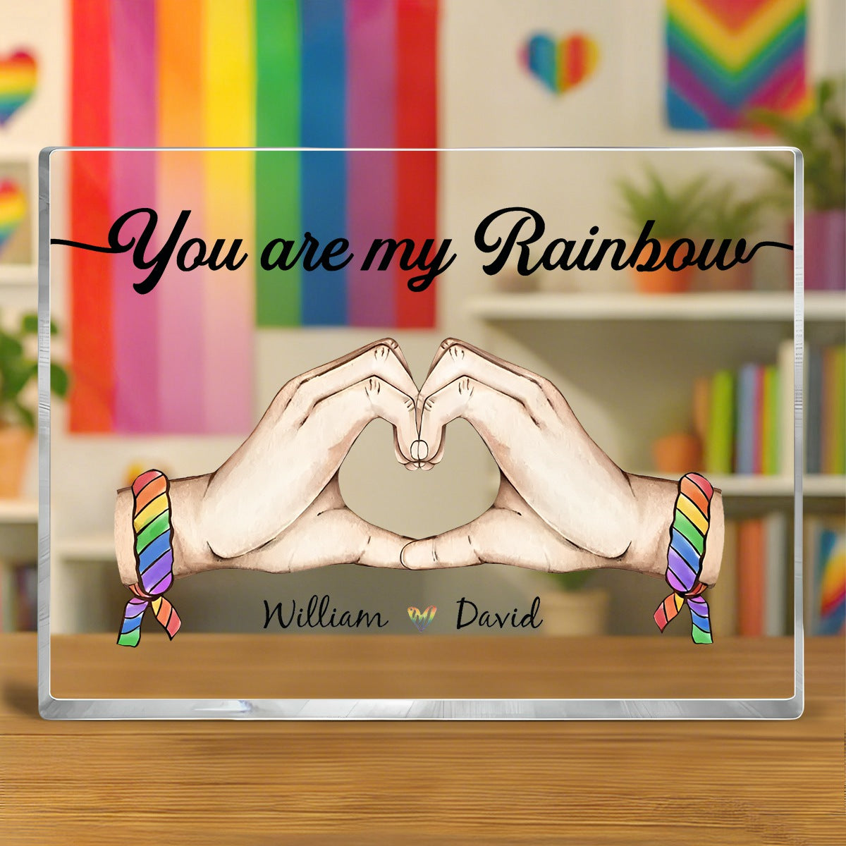 Pride Month LGBT Couple Heart Hands Personalized Rectangle Acrylic Block Plaque, Gift For Couple