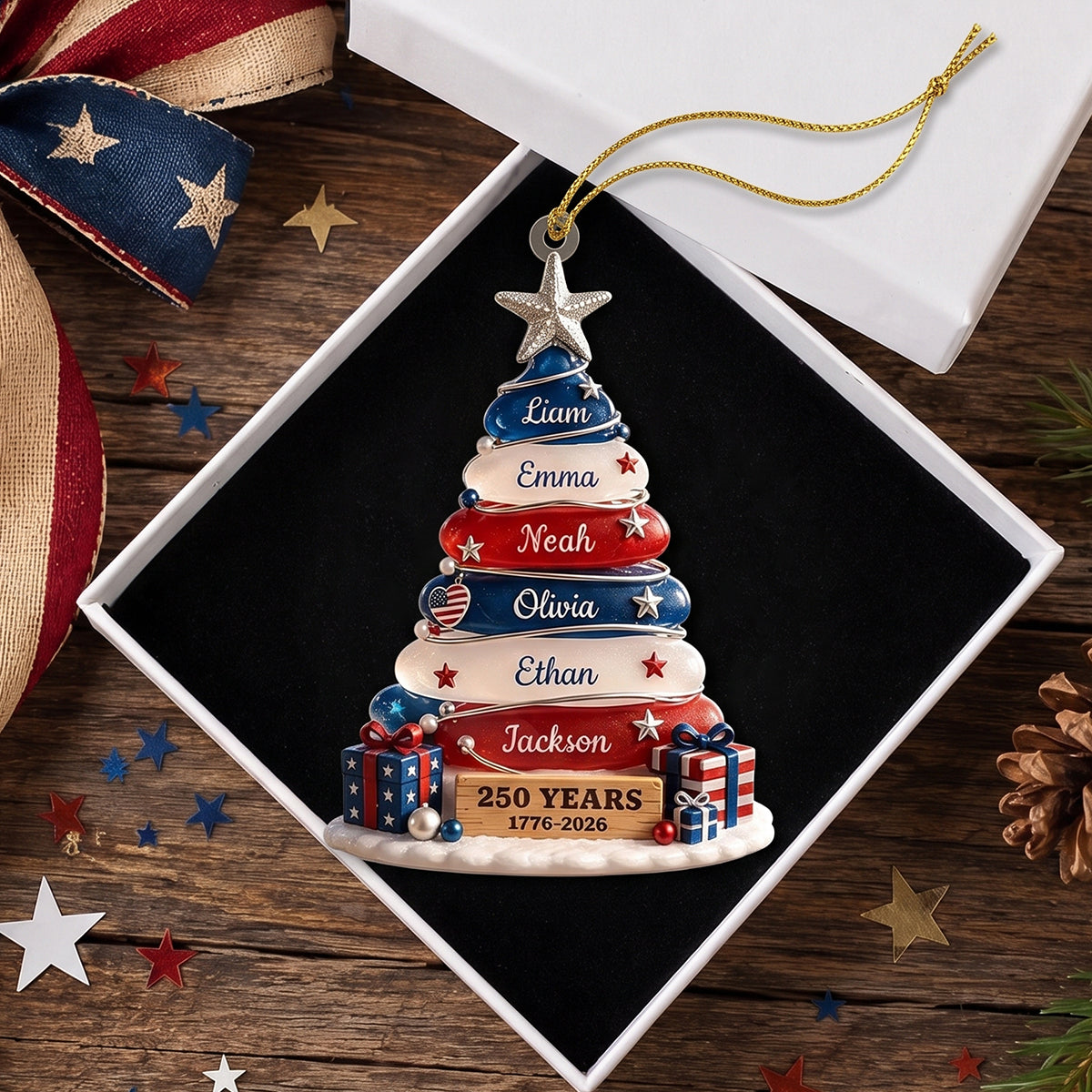 Personalized 250th Anniversary Family Christmas Ornament, Custom Patriotic Tree Ornament With Family Names