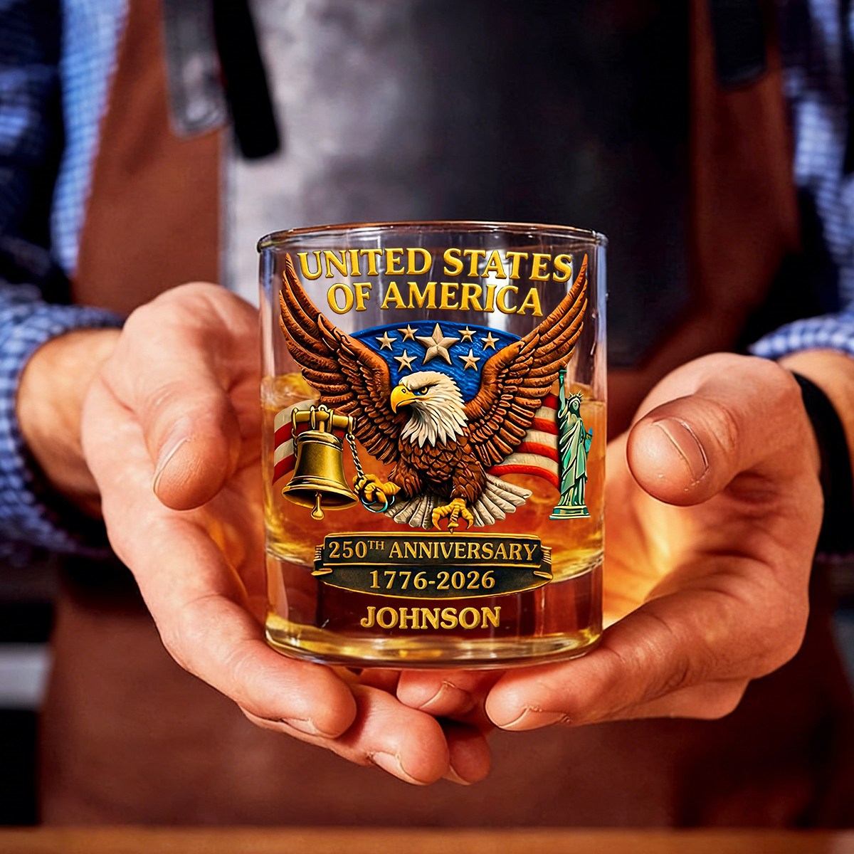 Custom United States 250th Anniversary Whiskey Glass,American Eagle Bell Patriotic Gift