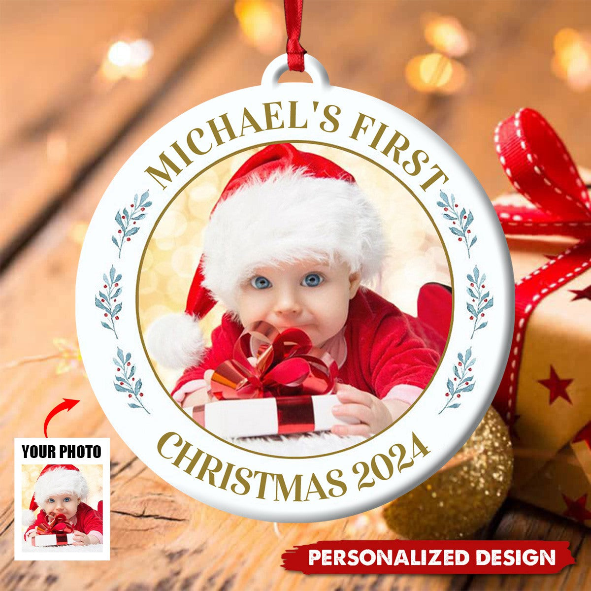 Personalized Baby's First Christmas Photo Circle Ceramic Ornament