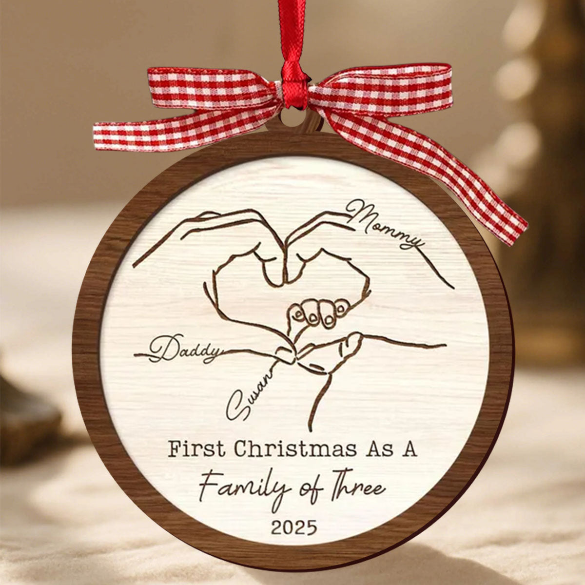 Baby's 1st Christmas As A Family Of Three - Custom Wood Ornament