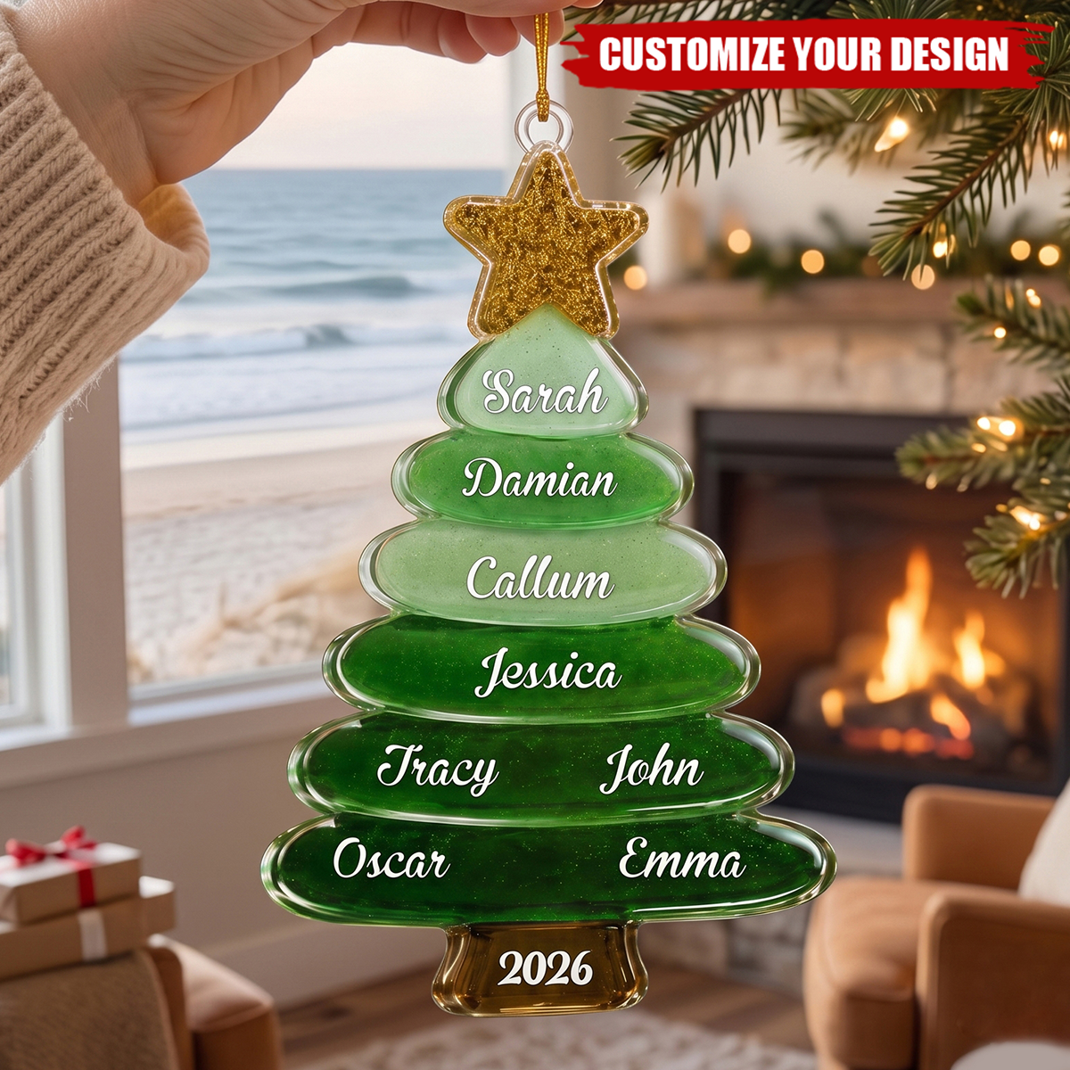 Personalized Family Name Christmas Tree Ornament, Green Sea Glass Style Acrylic Keepsake