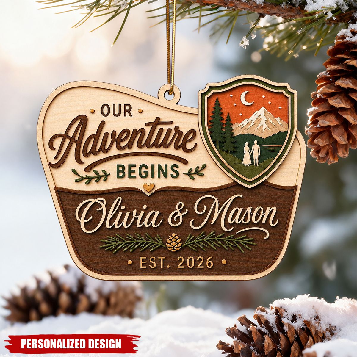 Personalized Wood Couple Ornament, Our Adventure Begins Mountain Christmas Keepsake