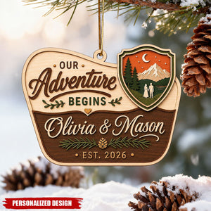 Personalized Wood Couple Ornament, Our Adventure Begins Mountain Christmas Keepsake
