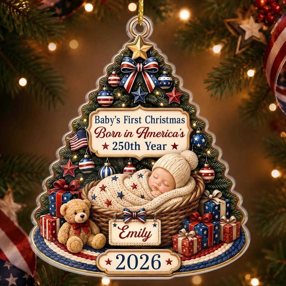 Personalized America 250th Anniversary Christmas Ornament - Our Patriotic Little Miracle Baby