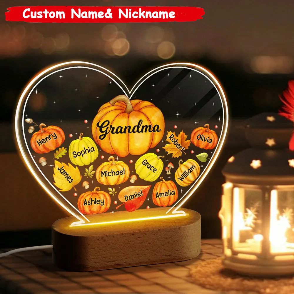 Grandma Mom Pumpkins Fall Leaves Personalized Heart Acrylic LED Night Light