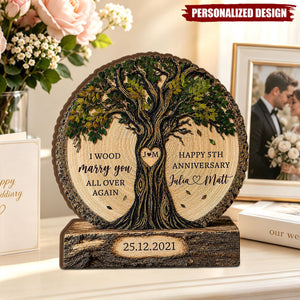 Personalized Couple Tree Wooden Block, Wood Anniversary Gift For Couples