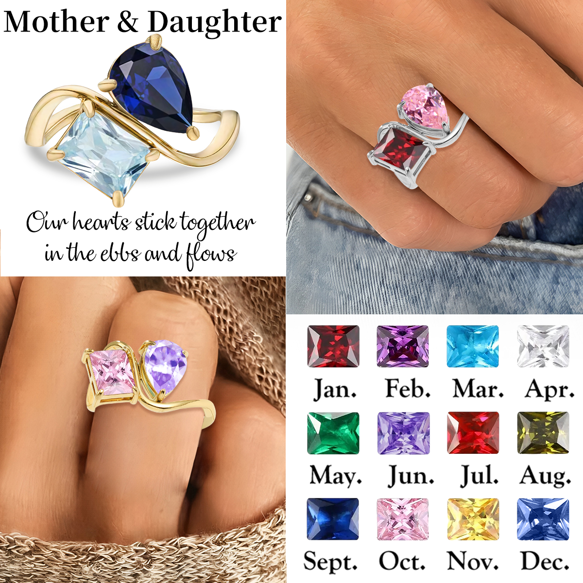 Personalized Two Birthstone Ring, Mother Daughter Jewelry, Mother's Day Gift
