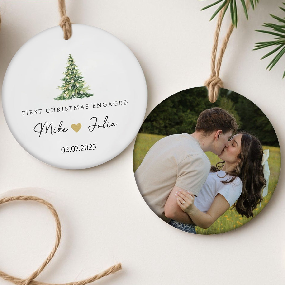 First Christmas Engaged - Custom Photo Ceramic Ornament