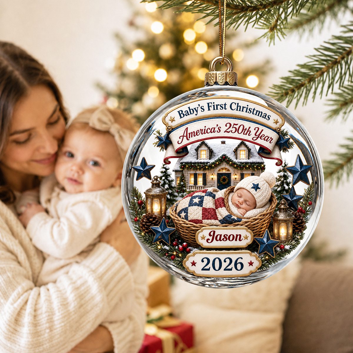 Personalized Baby’s 1st Christmas Ornament, Patriotic Parent Gift, Newborn Keepsake