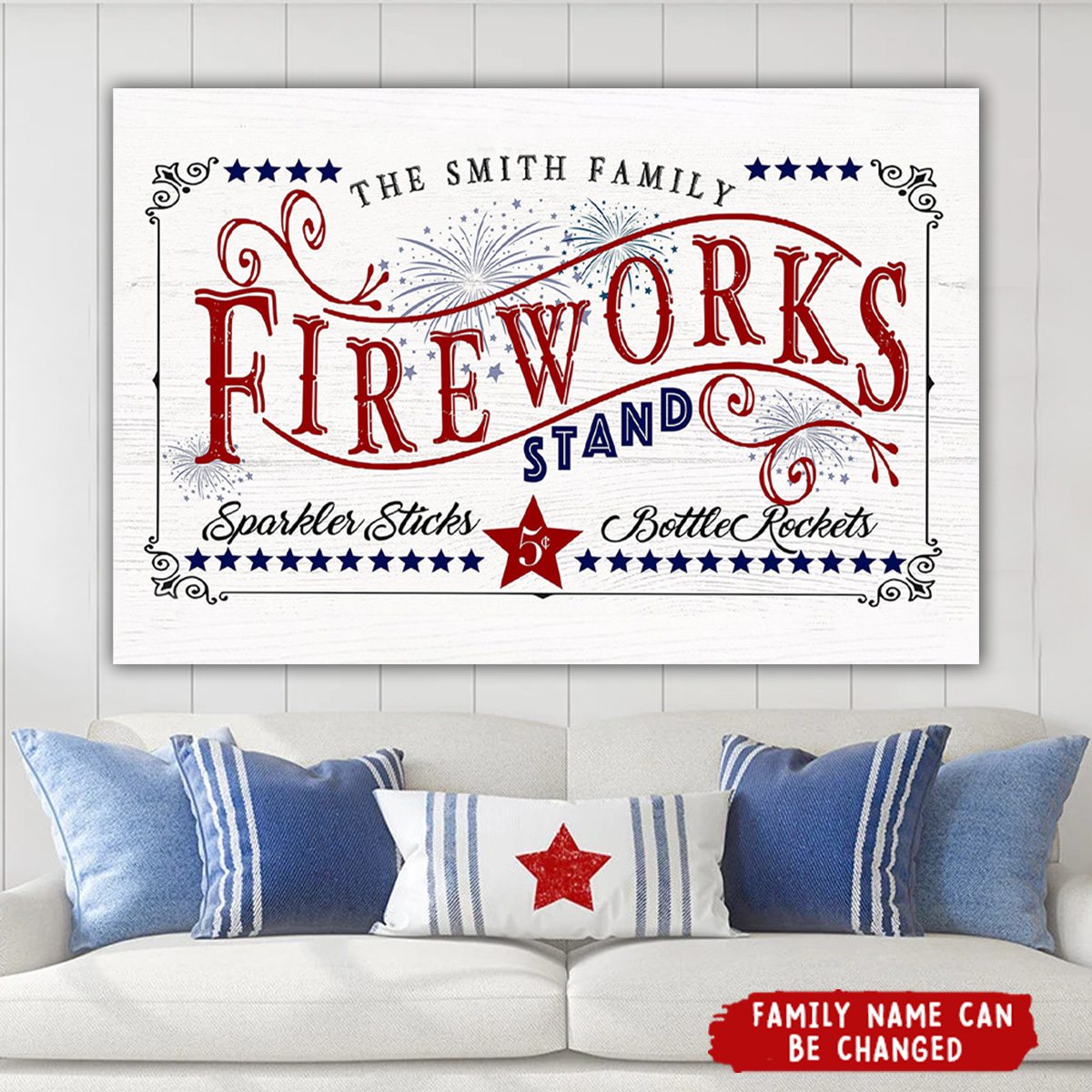 Fireworks Stand Personalized 4th of July Flag Family Canvas