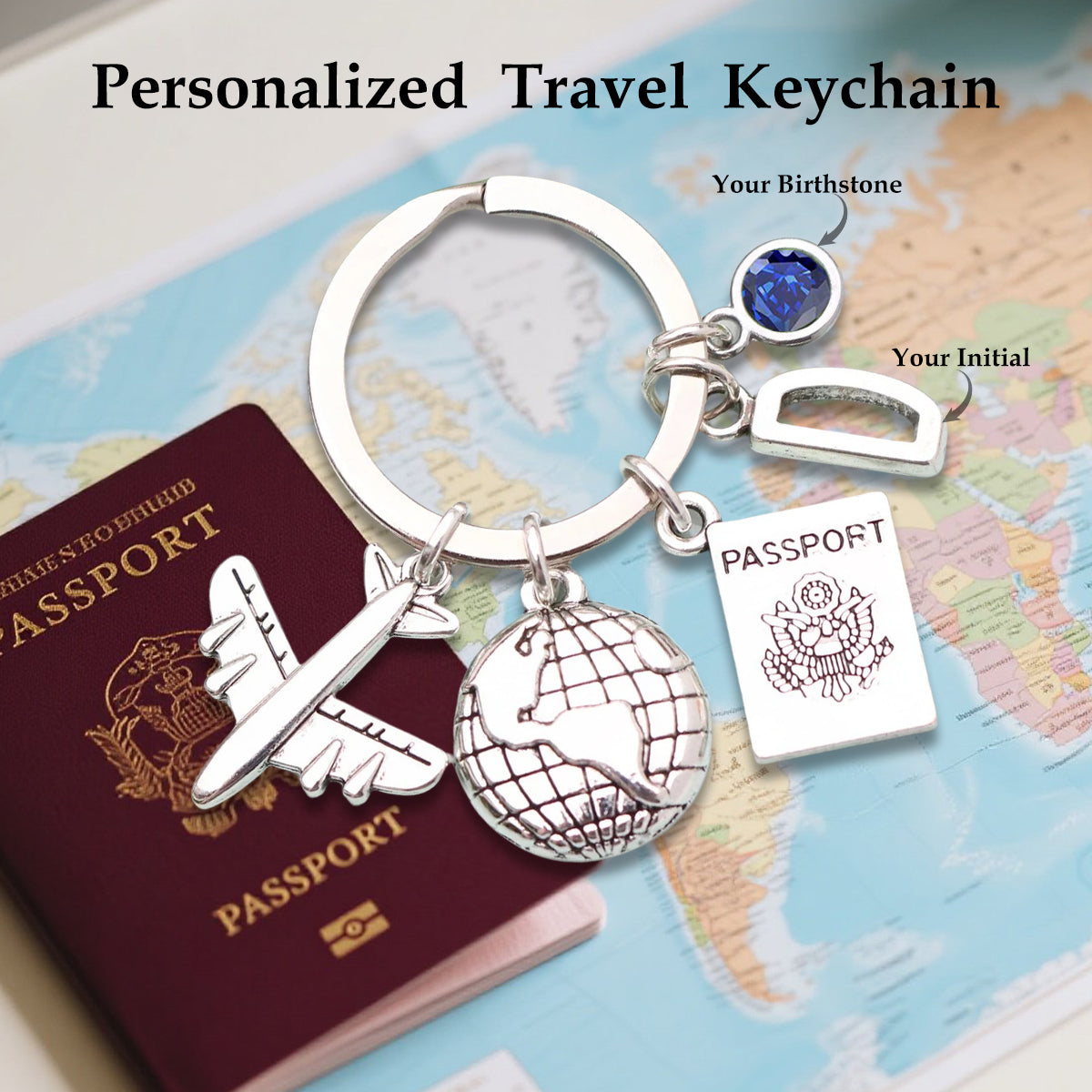 Personalised Travel Birthstone Keychain - Travel Bag Charm, Adventure Gift