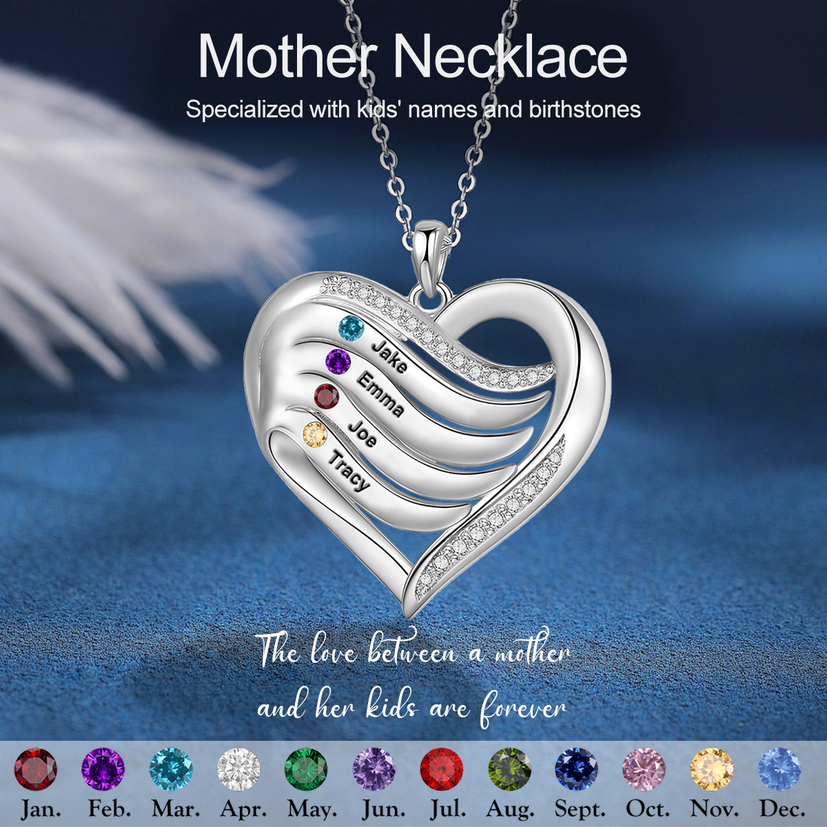 Personalized Birthstone Name Heart Necklace for Her Mom Wife