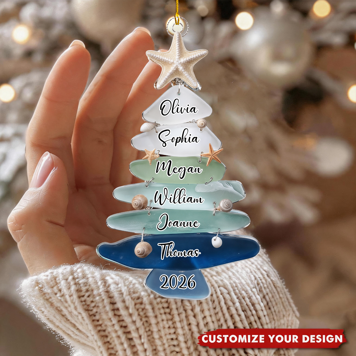 Personalized Sea Glass Family Tree Ornament, Custom Family Name Christmas Gift