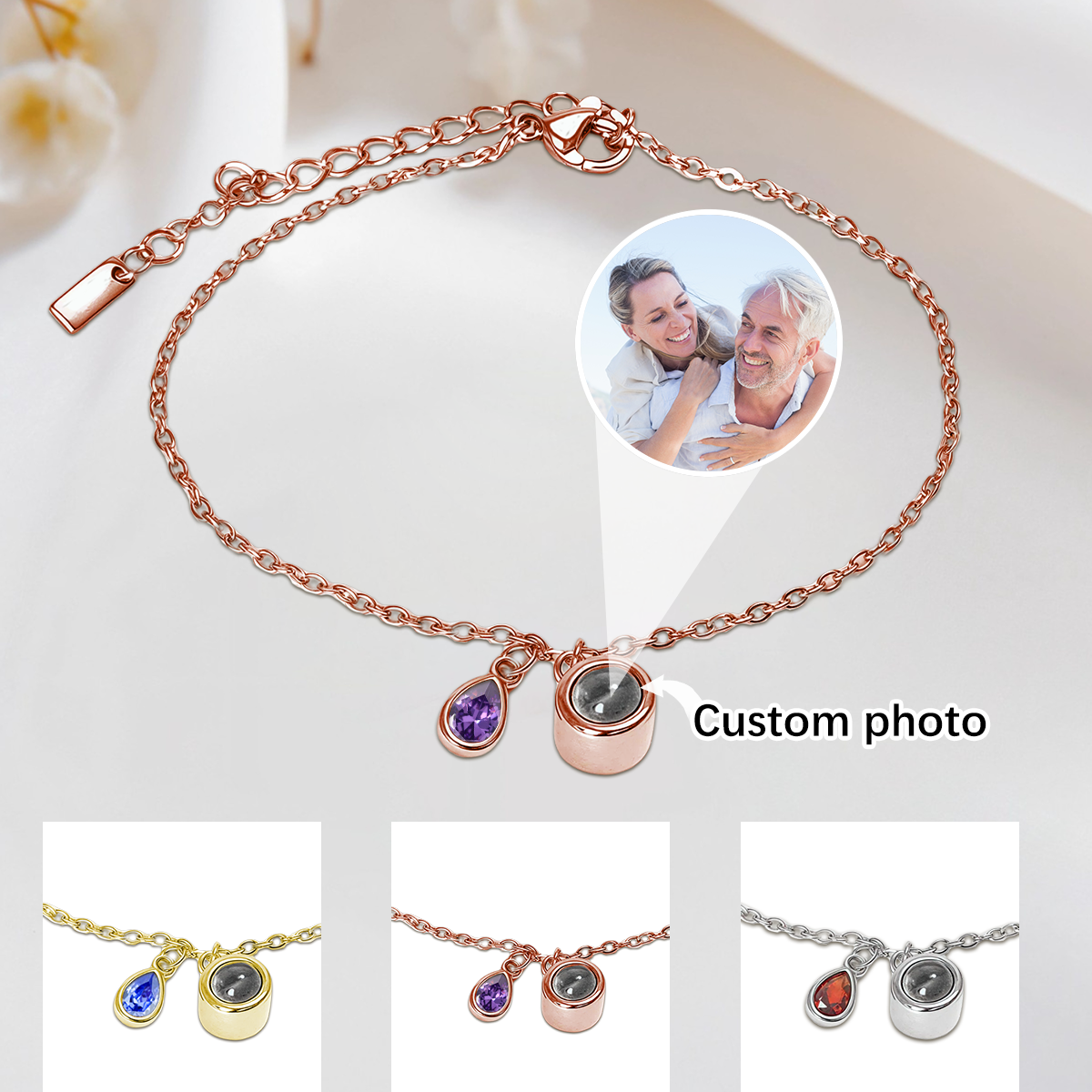 Custom Birthstone Photo Projection Memorial Bracelet
