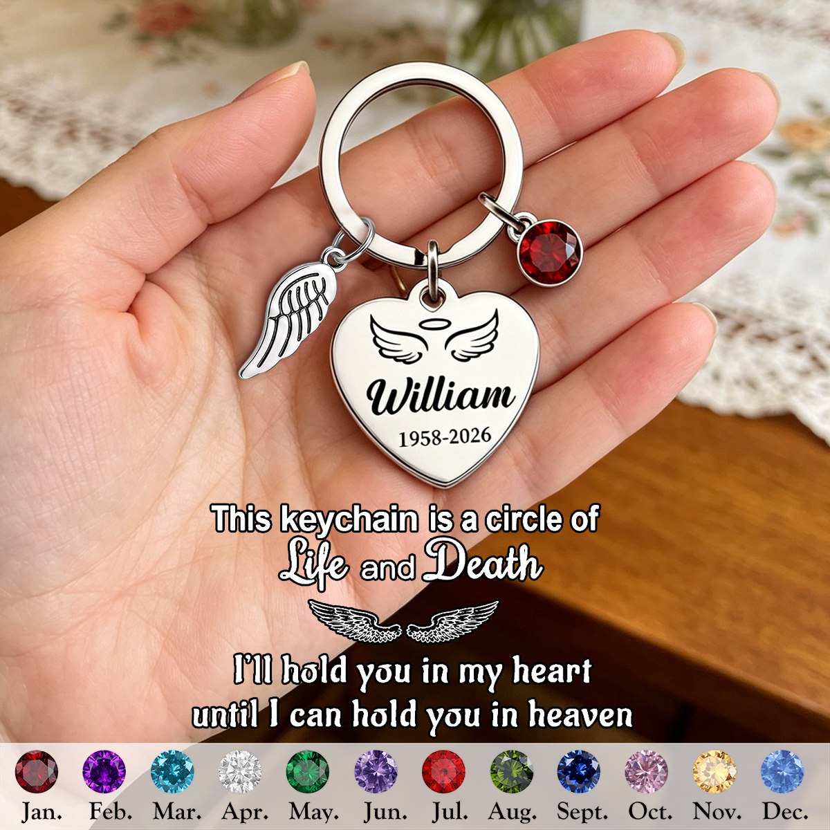 Always In My Heart, Personalized Wings Birthstone Memorial Keychain