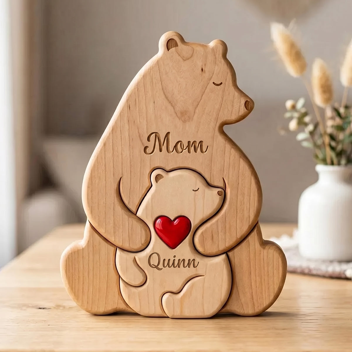Personalized Wooden Bear Puzzle – Mom & Child Gift, Family Keepsake
