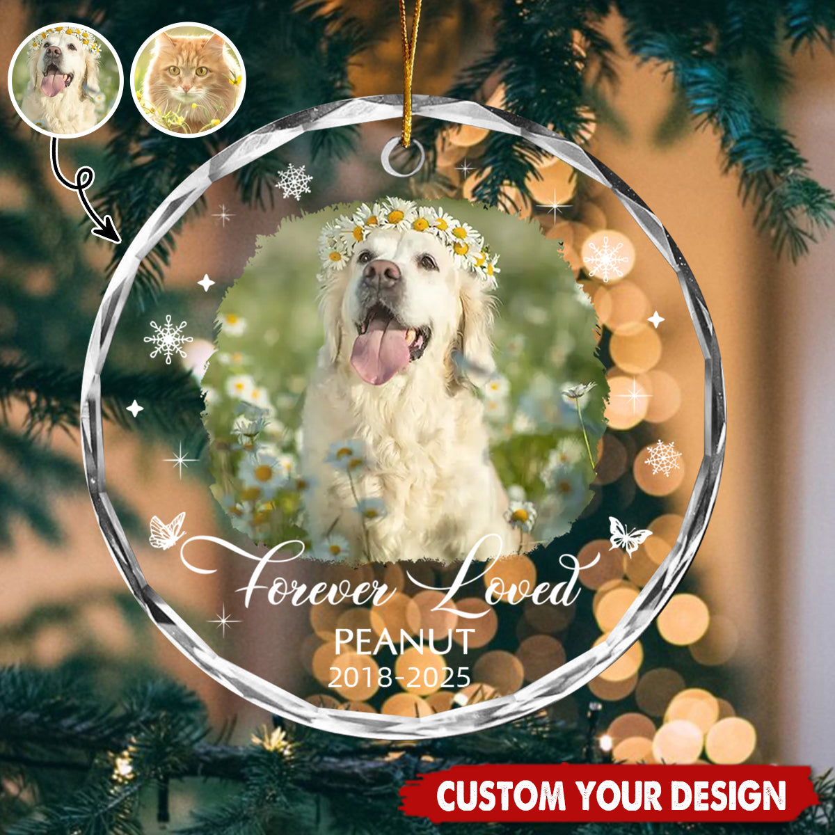 Custom Photo Memorial Dog Cat Loss Keepsake - Personalized Circle Glass Ornament