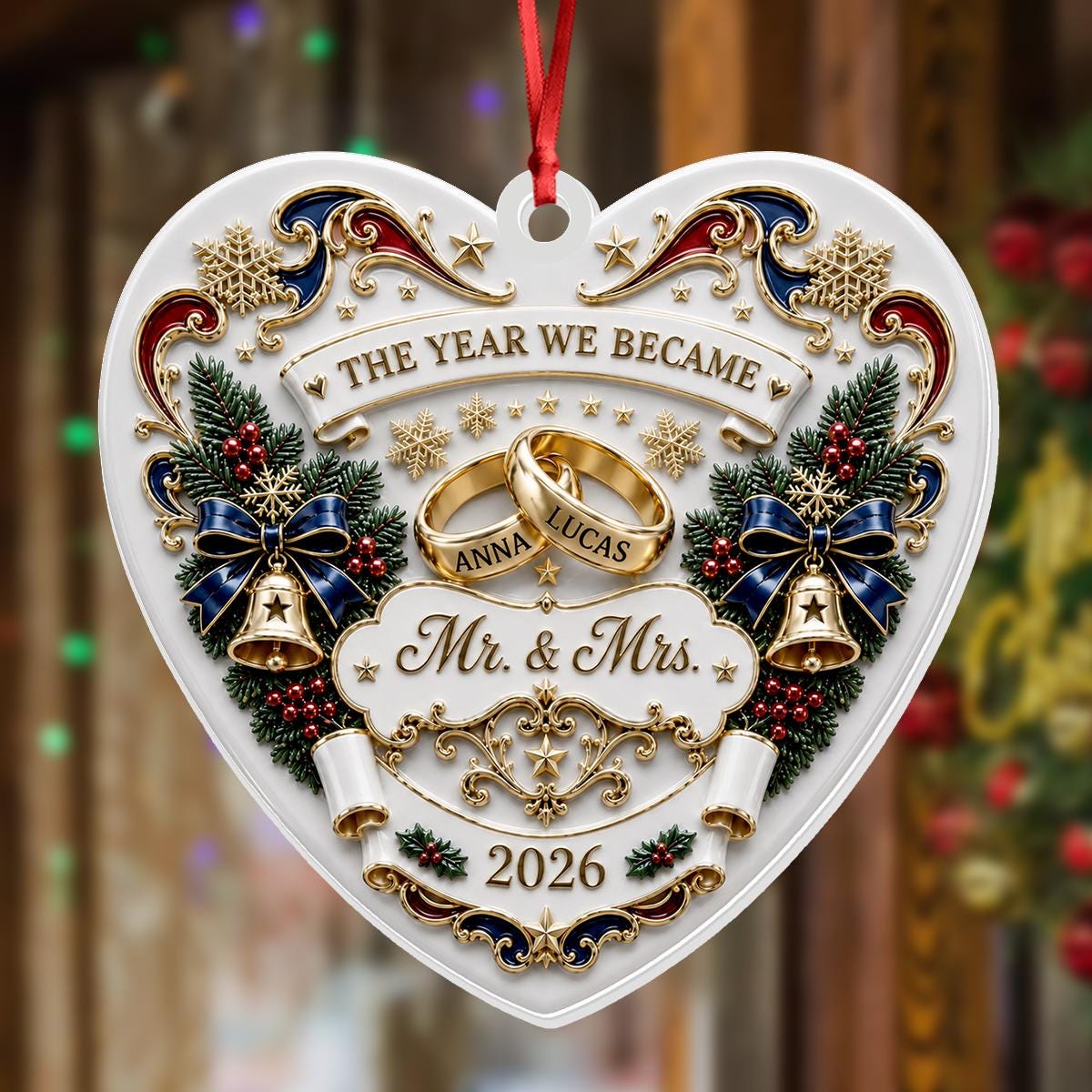 Personalized Mr. and Mrs. Ornament, Wedding Rings Heart Couple Name Keepsake