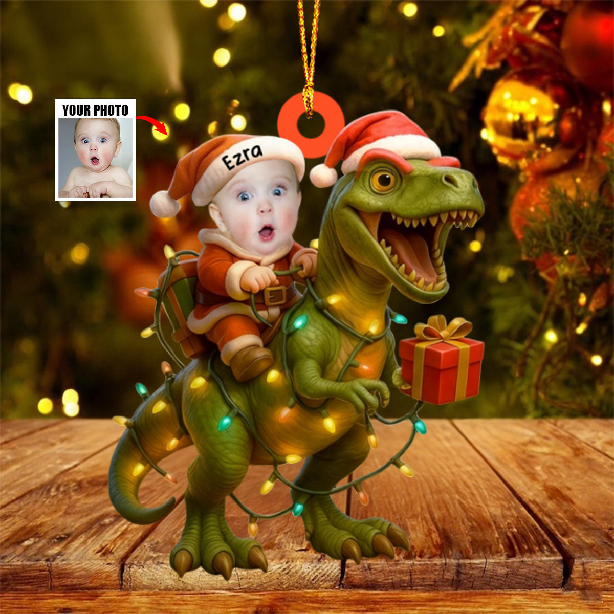 Baby Riding T Rex - Custom Baby Photo Dinosaur Ornament