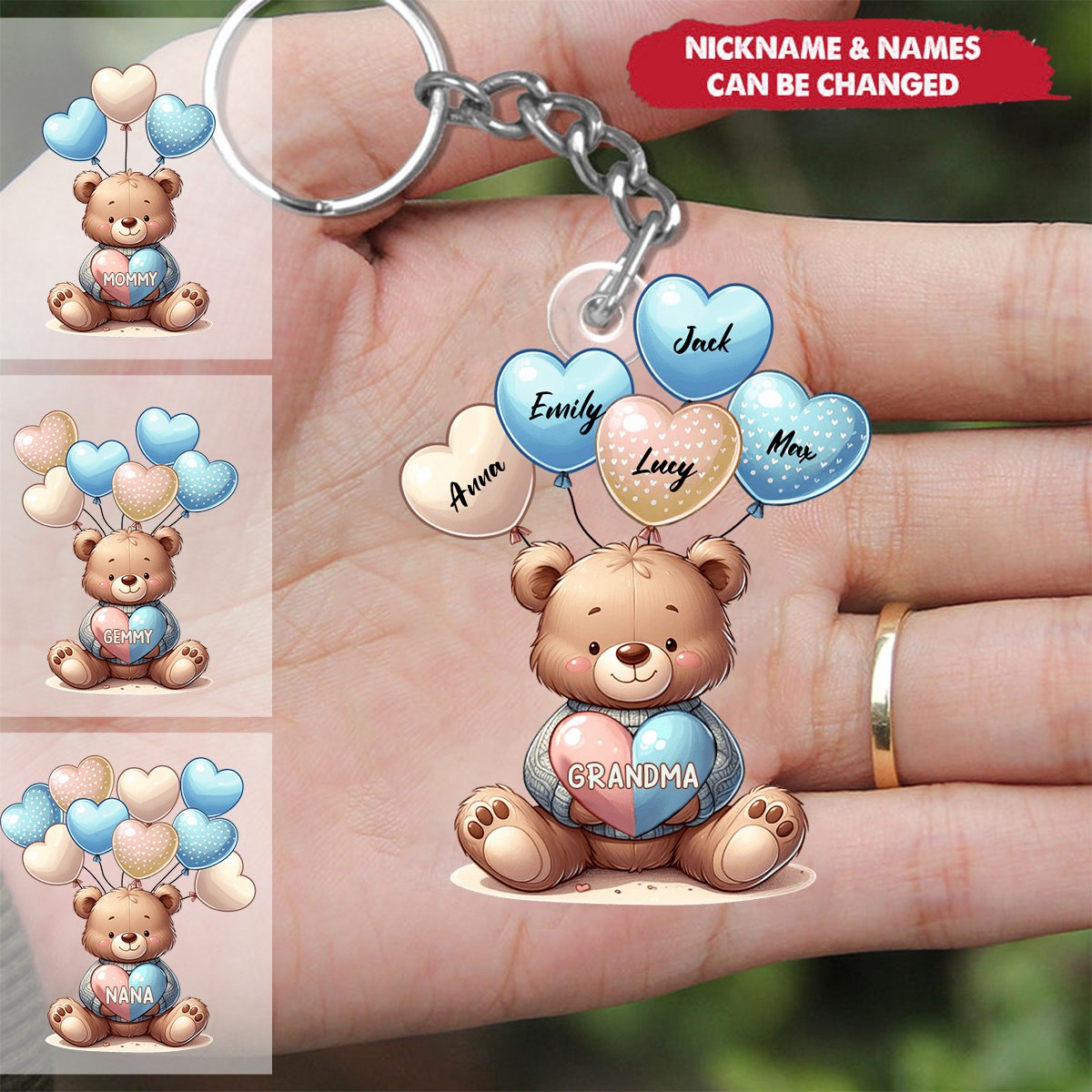 Cute Bear Grandma Mom Sweet Heart Balloon Kids Personalized Keychain