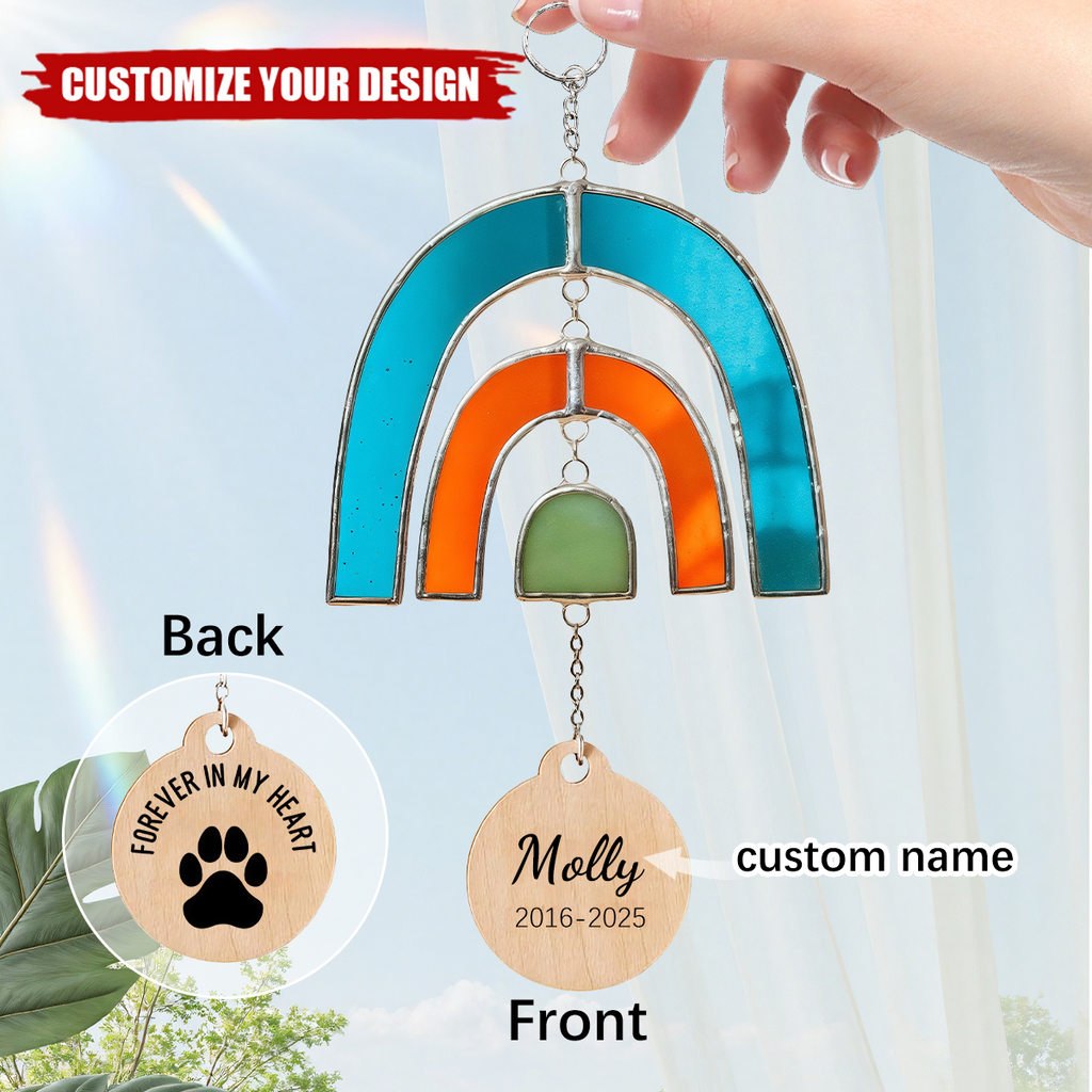 Personalized Rainbow Bridge Heart Paw Print Memorial Suncatcher