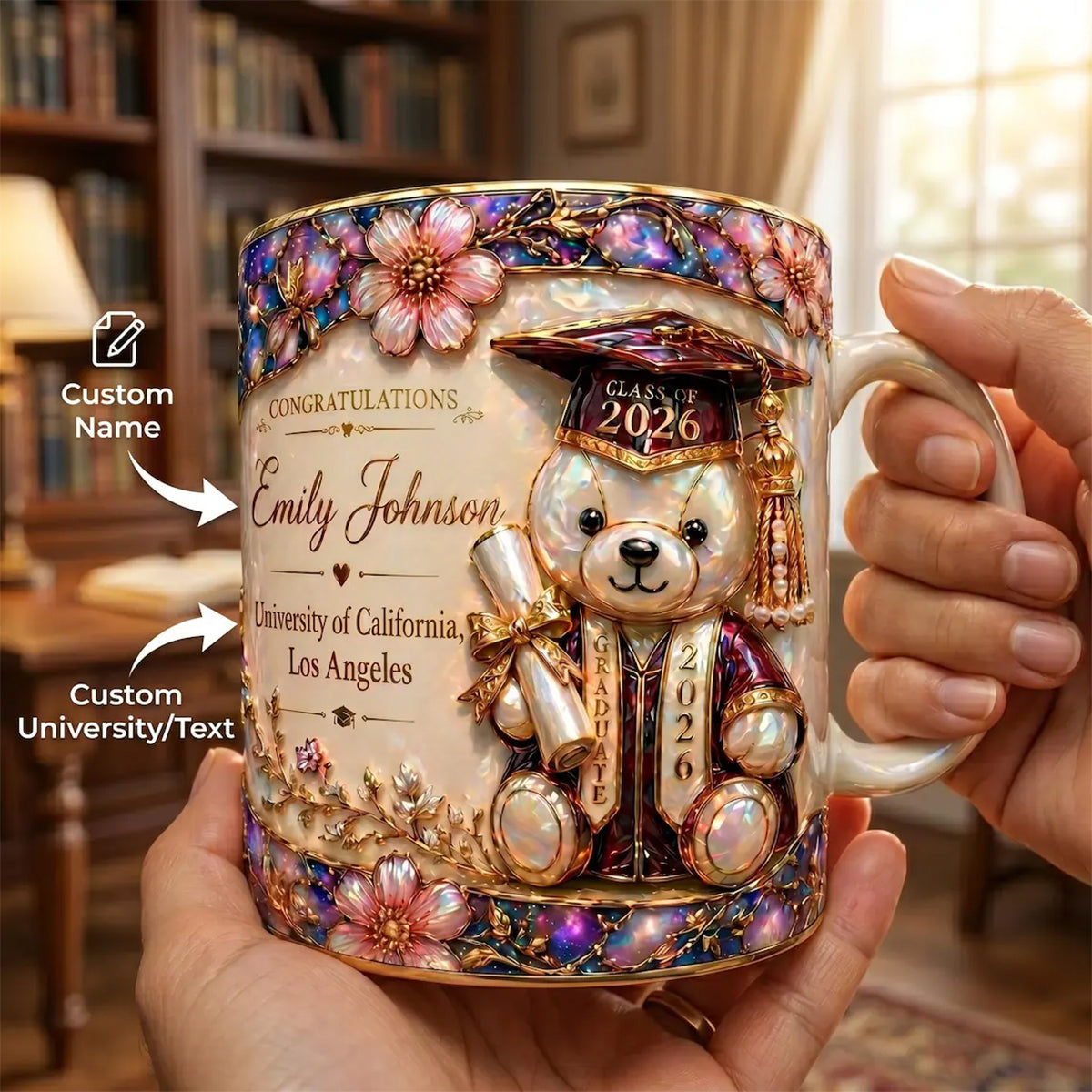 Personalized 3D Effect Graduation Mug, Class Of 2026,Stained Glass Bear Mug