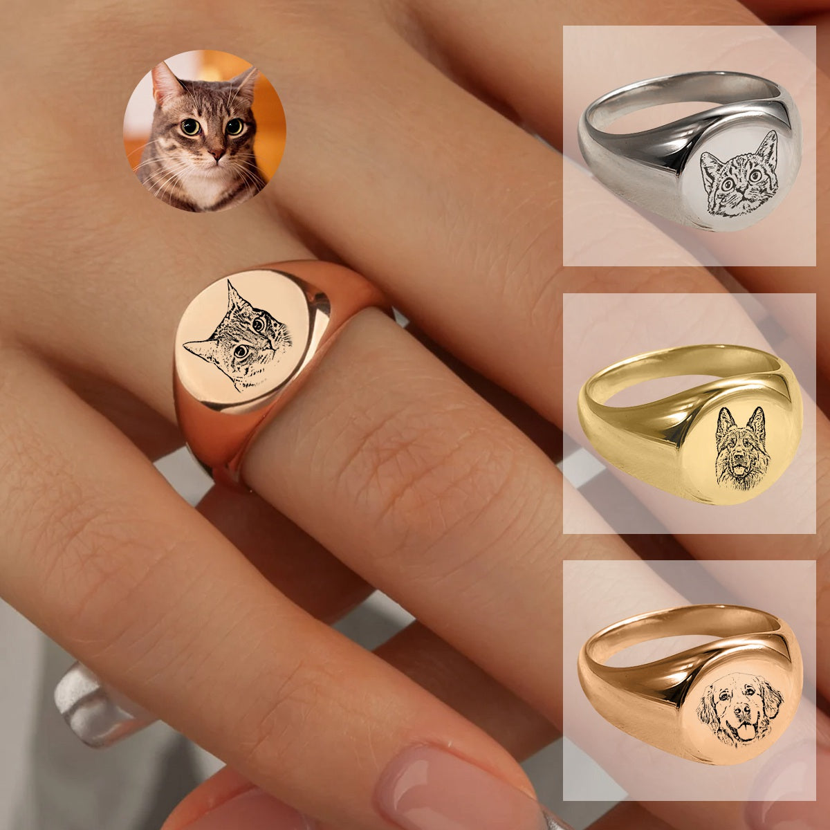 Personalized Dog Portrait Signet Ring, Pet Memorial Gift