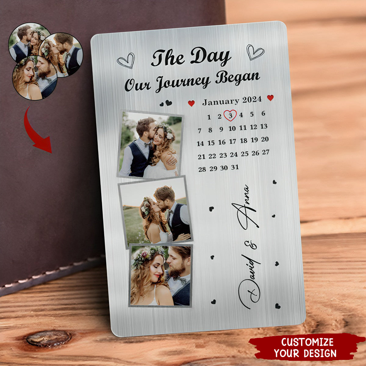 The Day Our Journey Began - Gift For Couples Custom Photo Calendar Personalized Aluminum Wallet Card