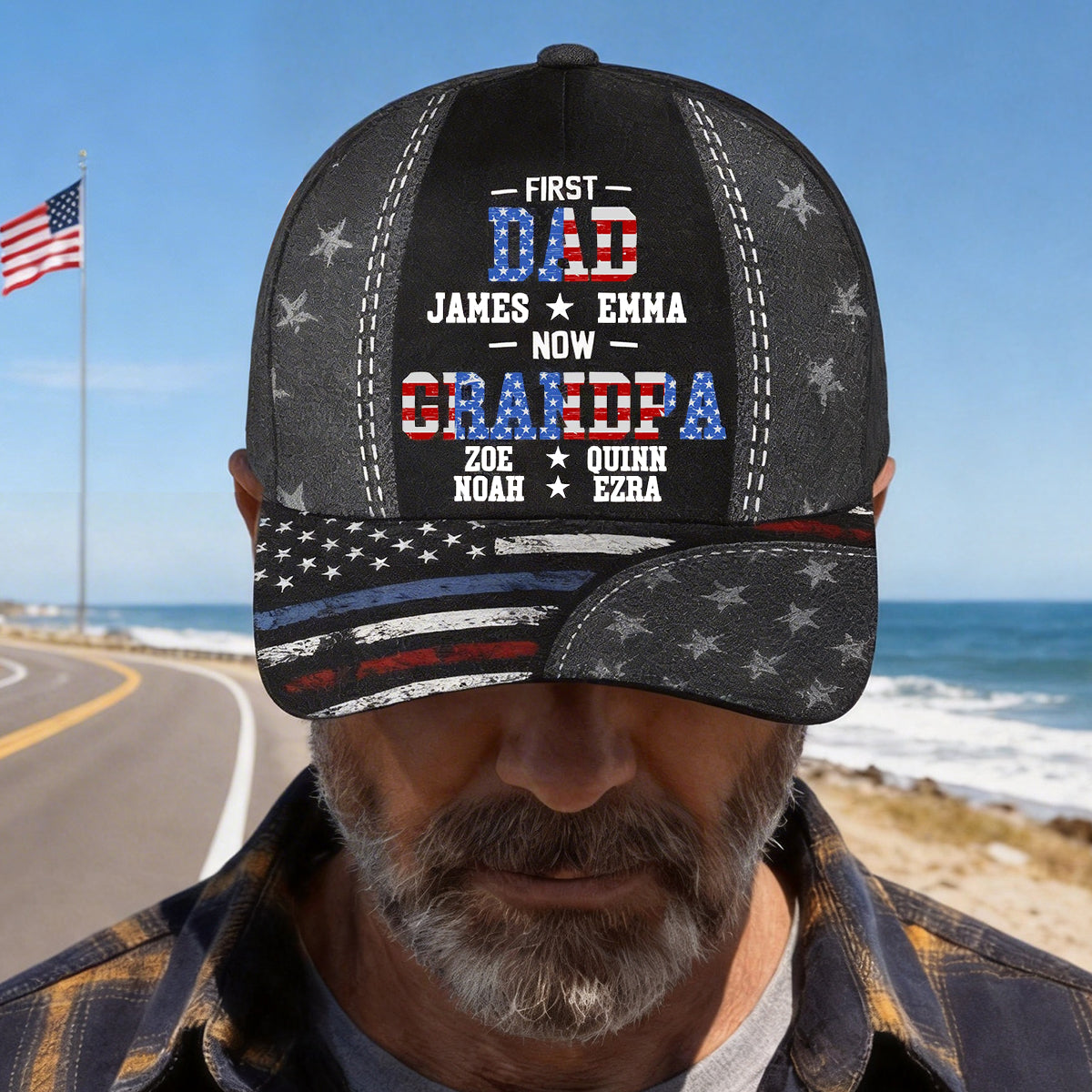 First Dad Now Papa American Flag Hat With Kids Names – Custom Family Baseball Cap