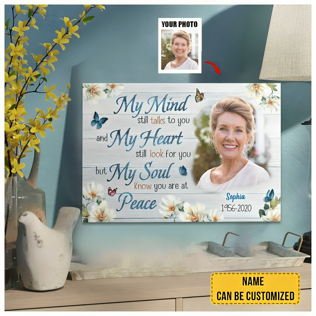 Personalized Canvas Wall Art Gift For Loss of Loved One Memorial Blue Butterfly My Mind Still Talks To You