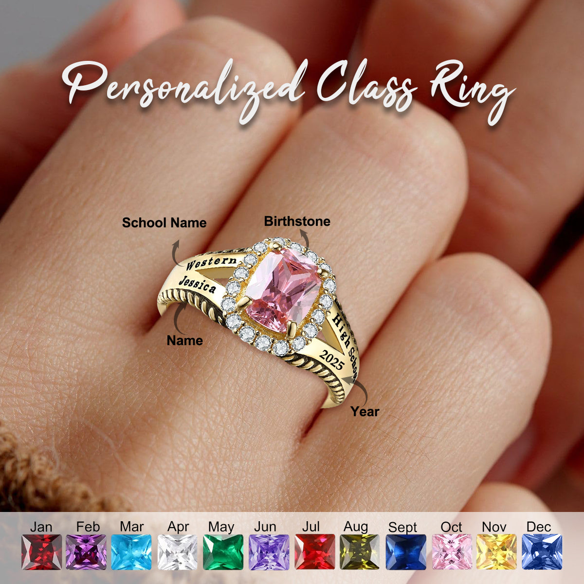 Customized High School College University Birthstone Class Ring