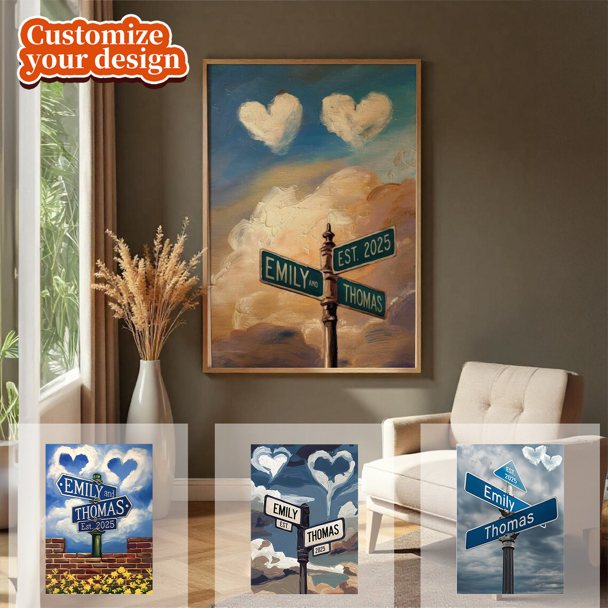 Personalized Name Vintage Street Sign Canvas, Gift for Couples, Wedding Wall Art