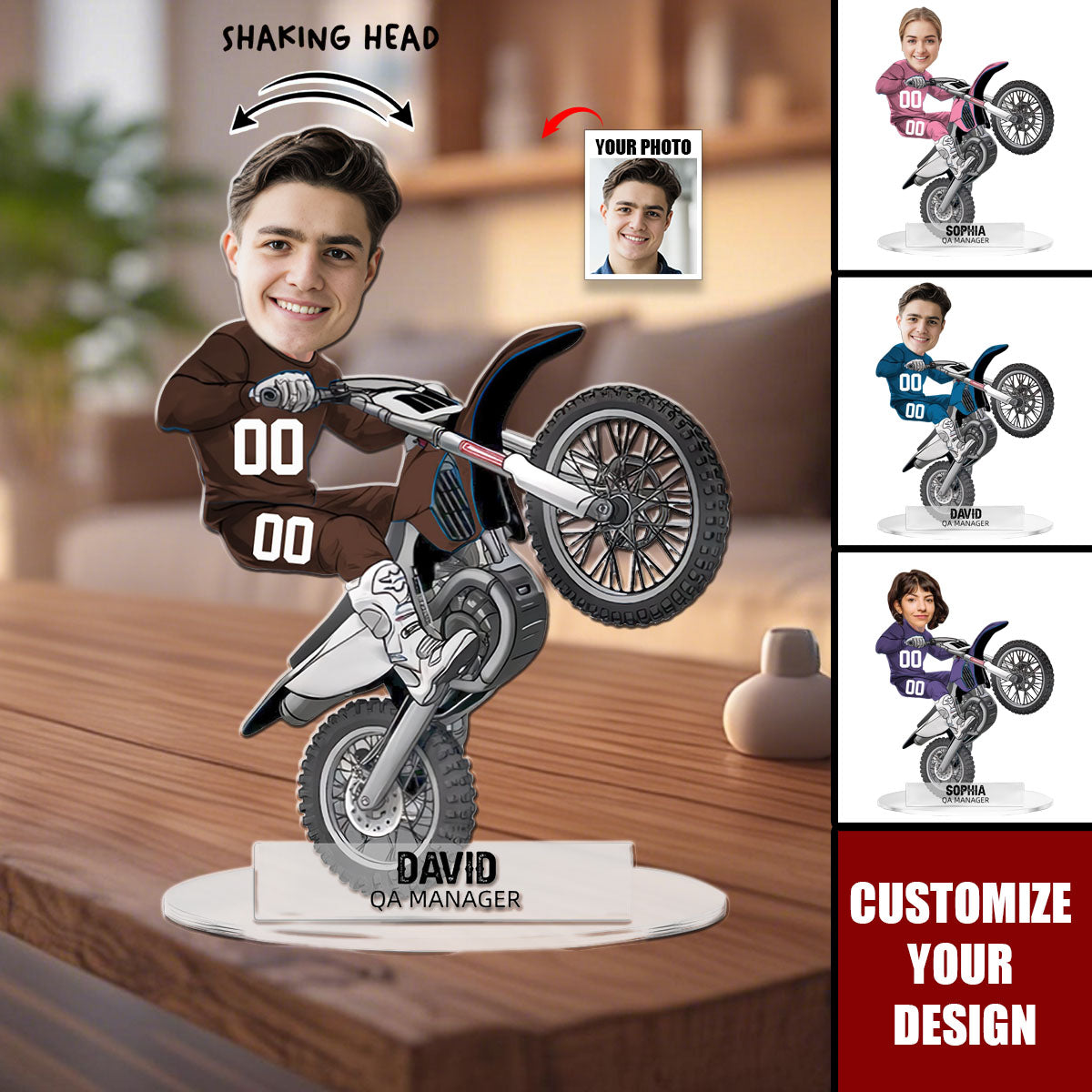 Motocross Biker Shaking Head Figurine Portrait Desk Name-Personalized Dirt Bike Plaque