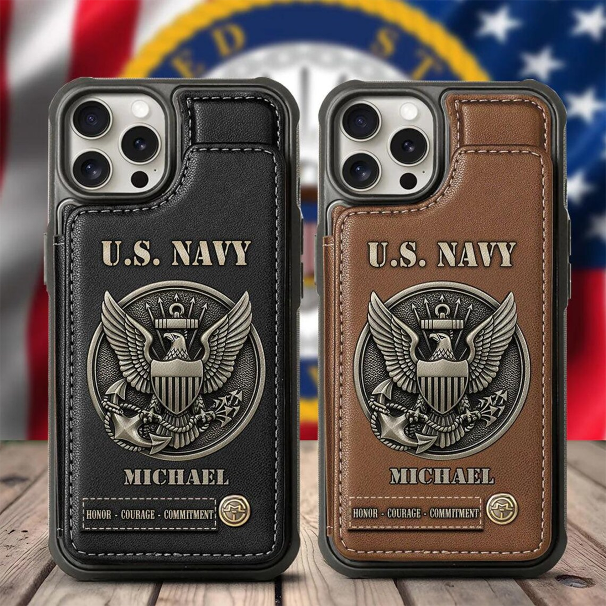 Personalized US Navy Leather Wallet Phone Case, Veteran's Gift,Dad And Grandpa Gift