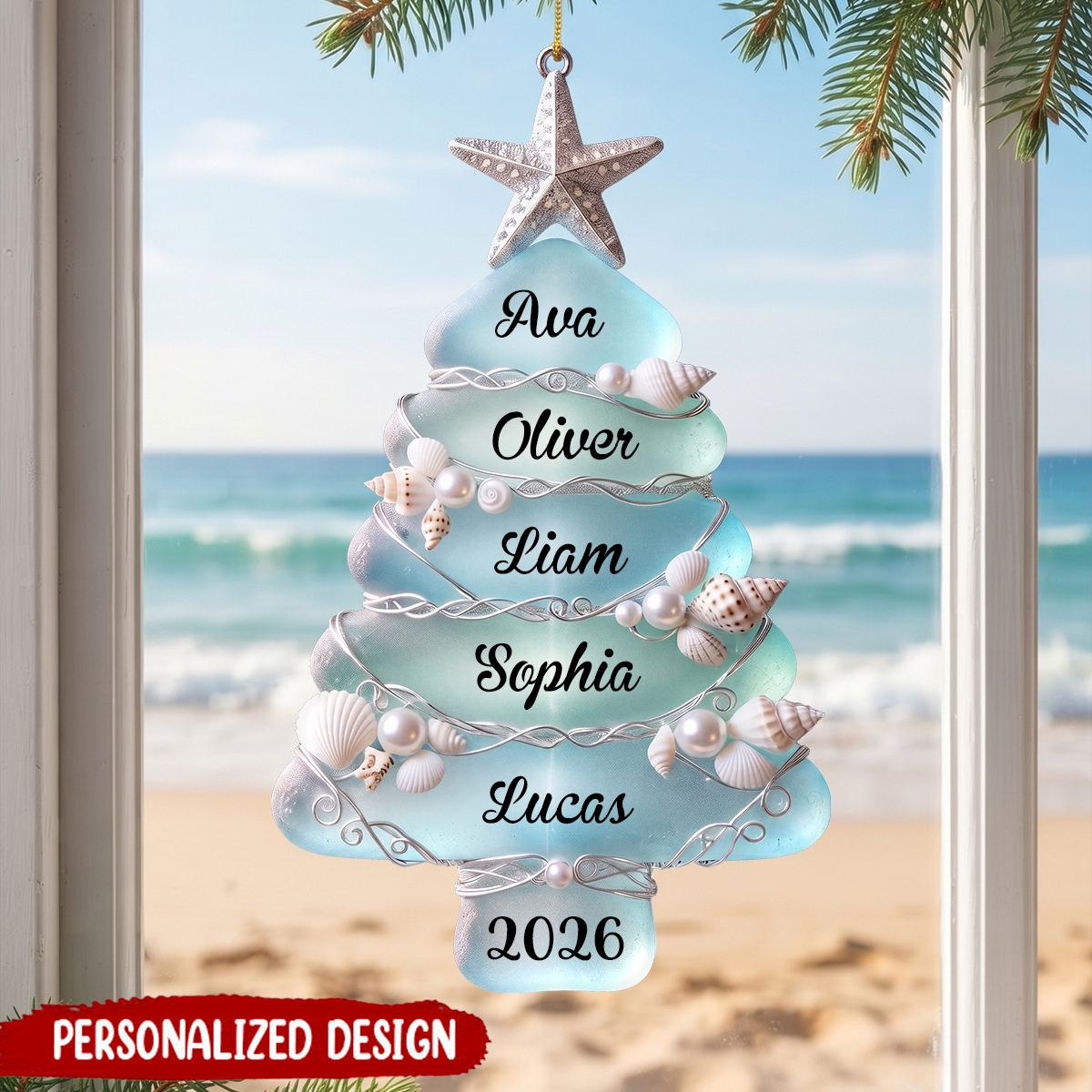 Personalized Sea Glass Family Tree Ornament, 2026 Christmas Tree Decor