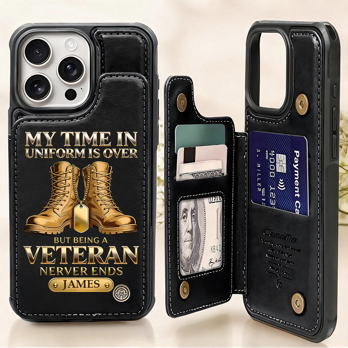 Personalized Wallet Leather Phone Case,  Veteran Gift For Dad Or Grandpa