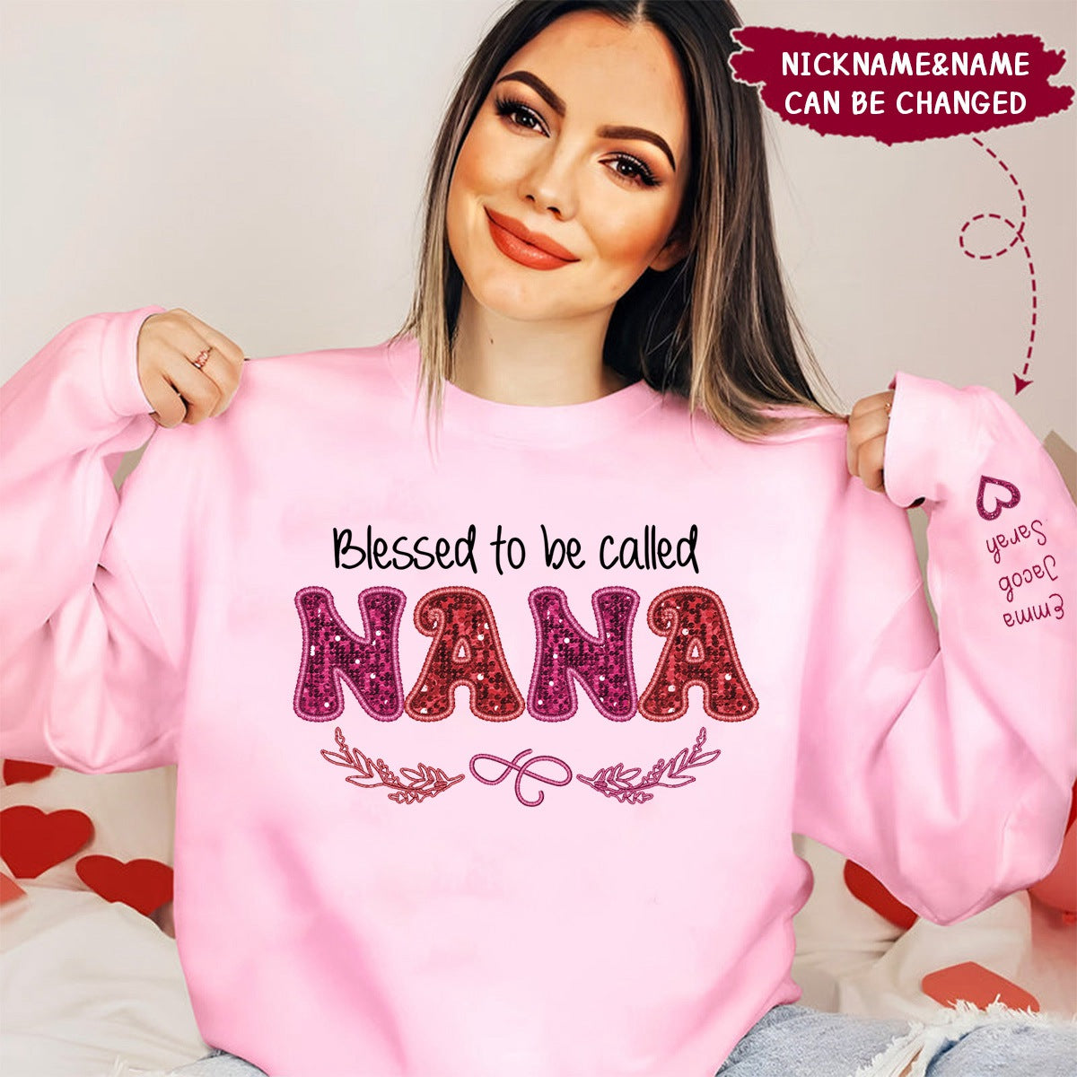 Pinky Glitter Grandma Mom, Blessed To Be Called Nana Personalized Sweatshirt