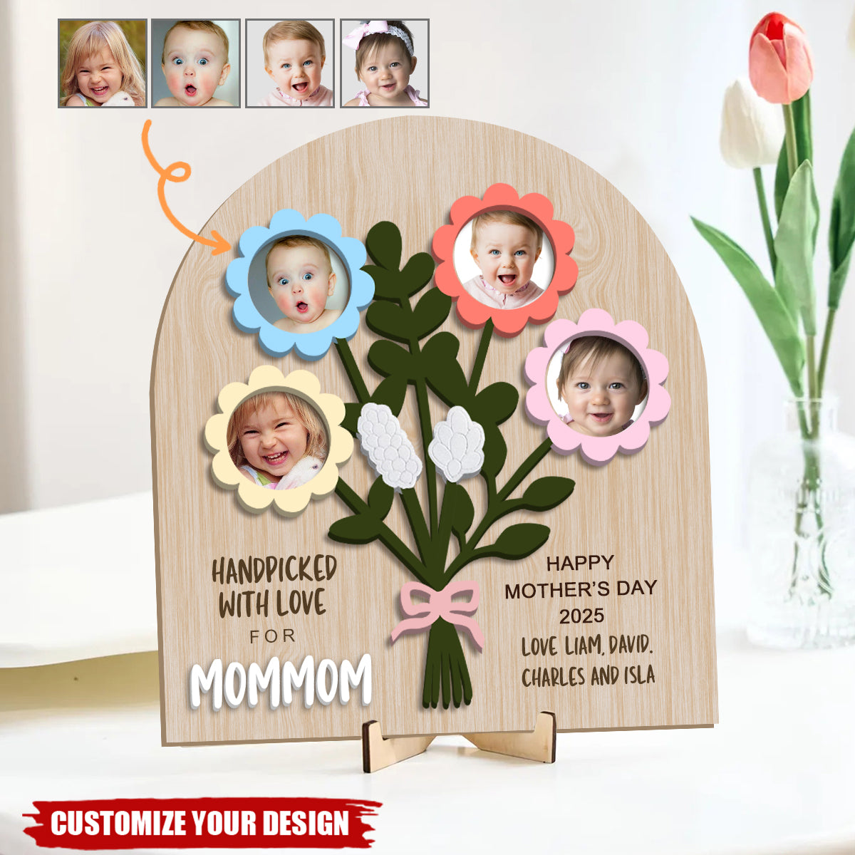 Personalized Flower Bouquet Kids Photo Sign, Mother’s Day Keepsake Gift