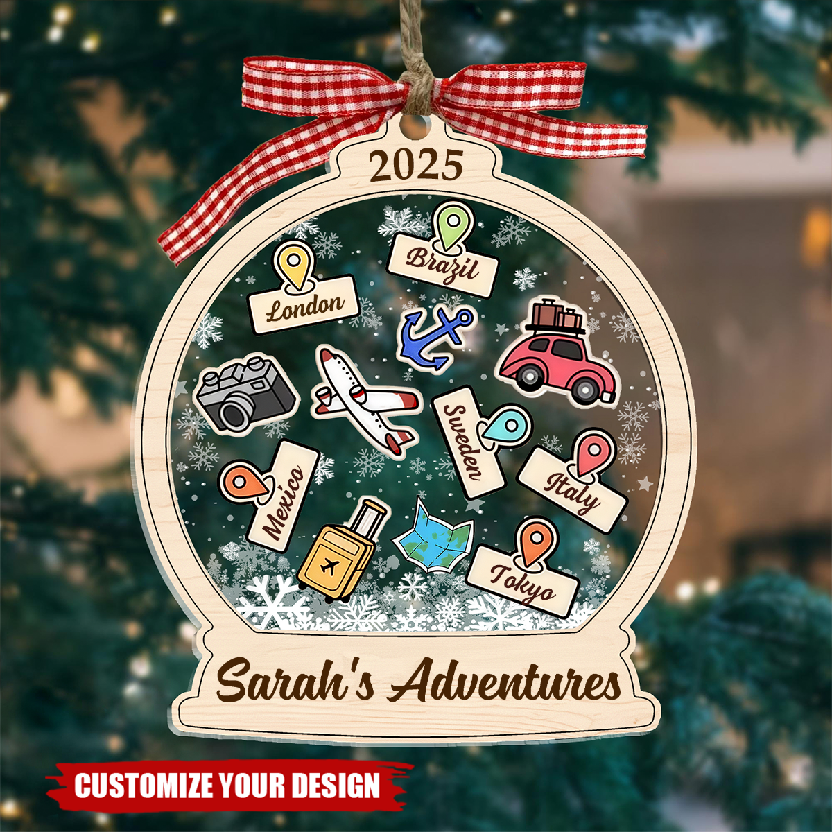 Personalized Travel Adventures Ornament, Christmas Gift for Traveler