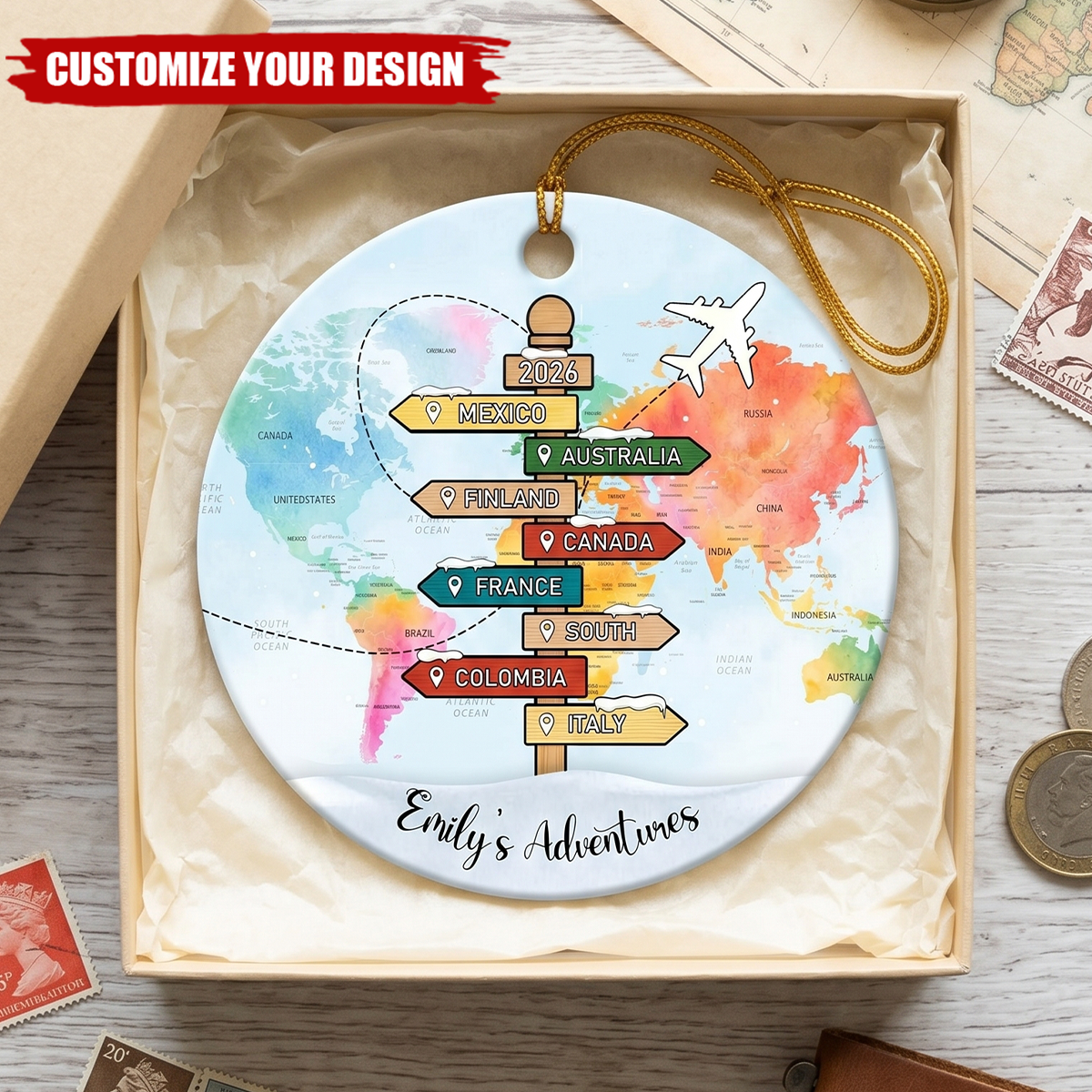 Personalized Traveling Destination Ornament, Travel Adventure Ornament, Christmas Gift