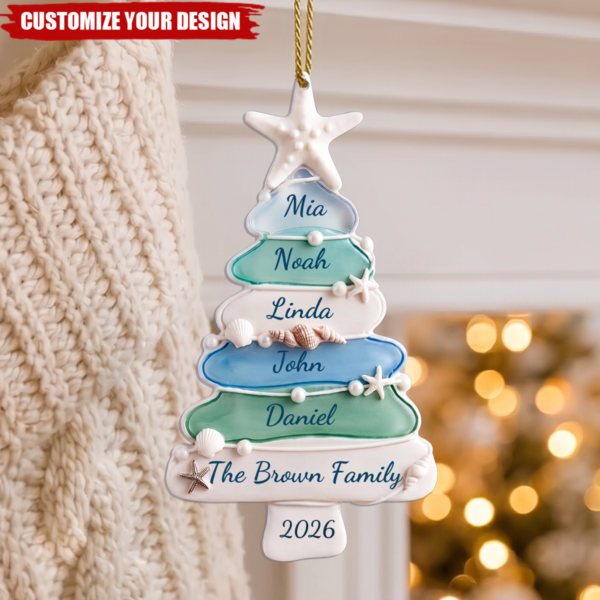 Personalized Sea Glass Tree Beach Family Christmas Ornament
