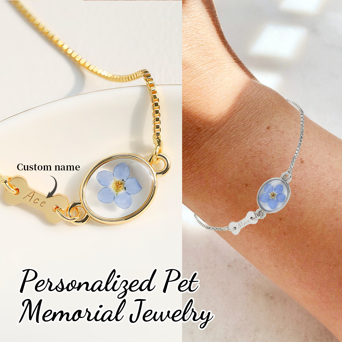 Forget Me Not Flower Dog Name Bracelet, Personalized Dog Memorial Gift