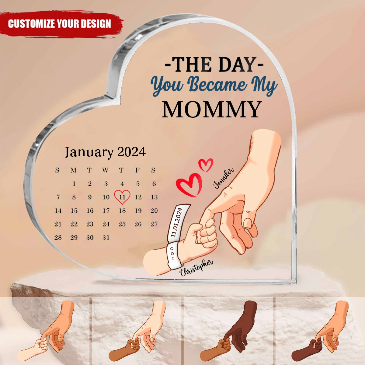 Calendar Mommy The Day You Became My Mommy - Gift For Mother - Personalized Heart Shaped Acrylic Plaque